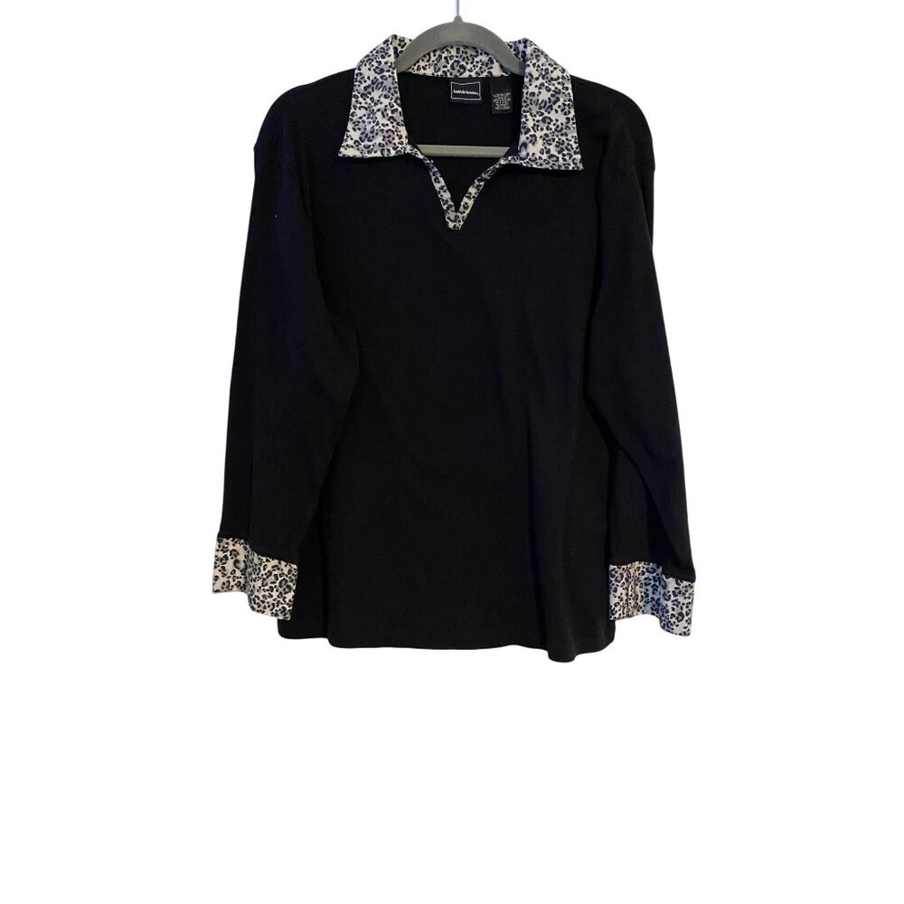 Bobbie Brooks Womens Top Black Long Sleeve Leopard Print Collar & Cuffs L 14/16